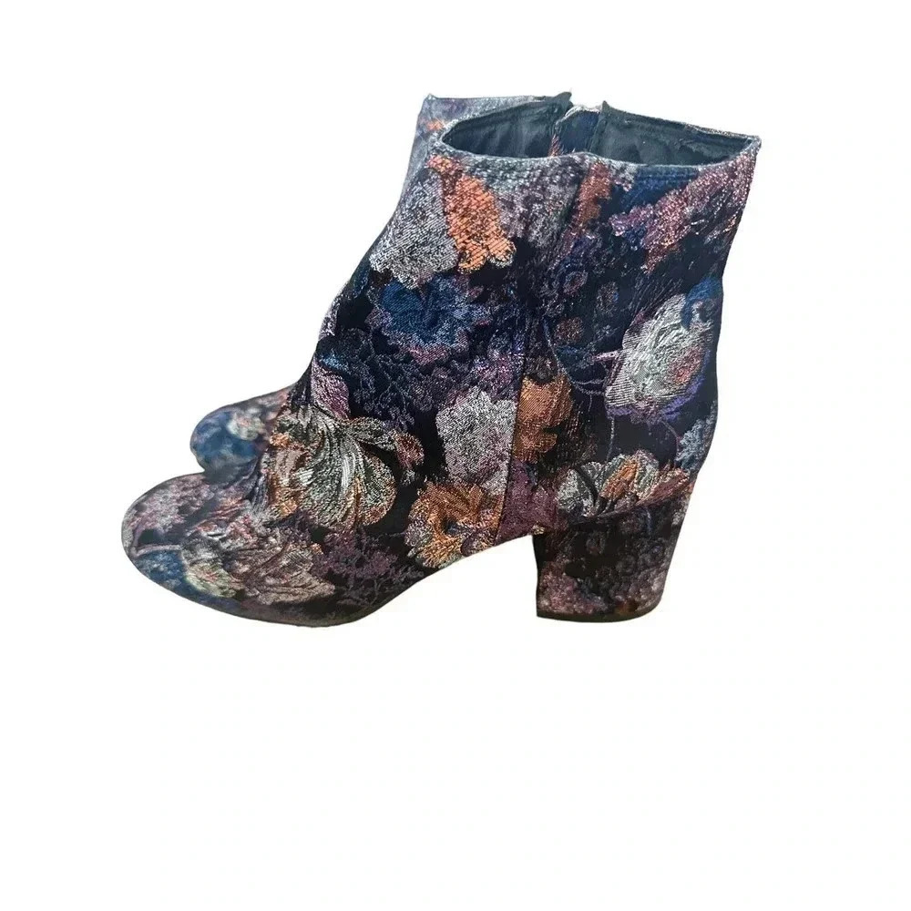 Zigi Soho Nydia Black Blue Metallic Floral Jacquard Block Heel Ankle Booties 7.5